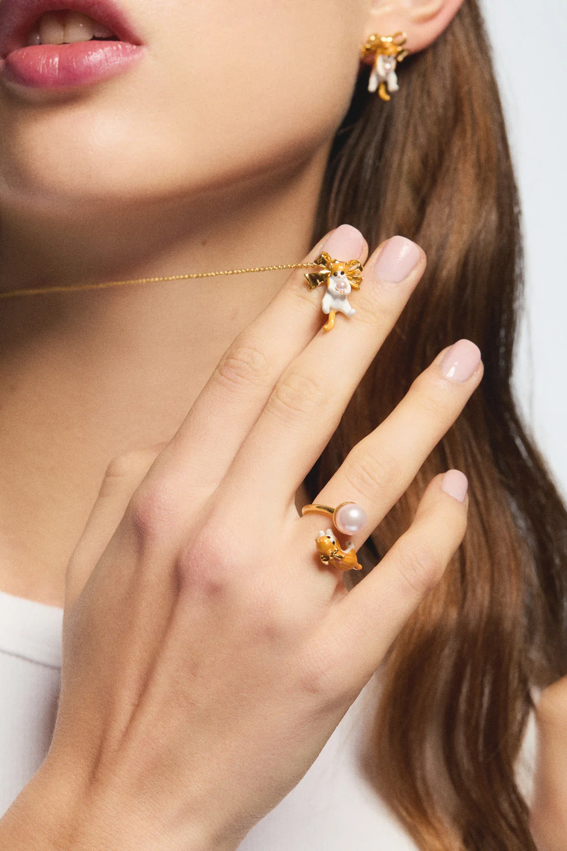 Bague ajustable chaton roux et perle de culture - Image 2