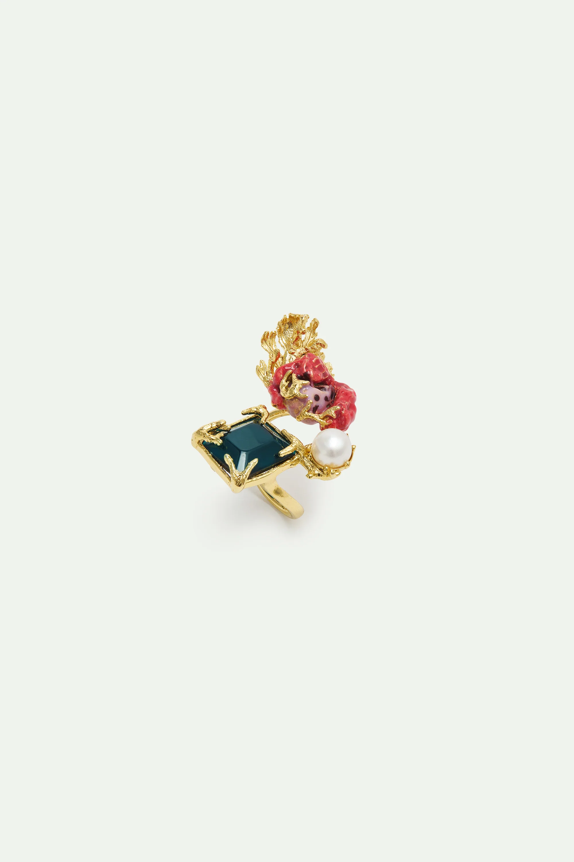 Bague ajustable dorée pierre bleue carrée, corail et perle