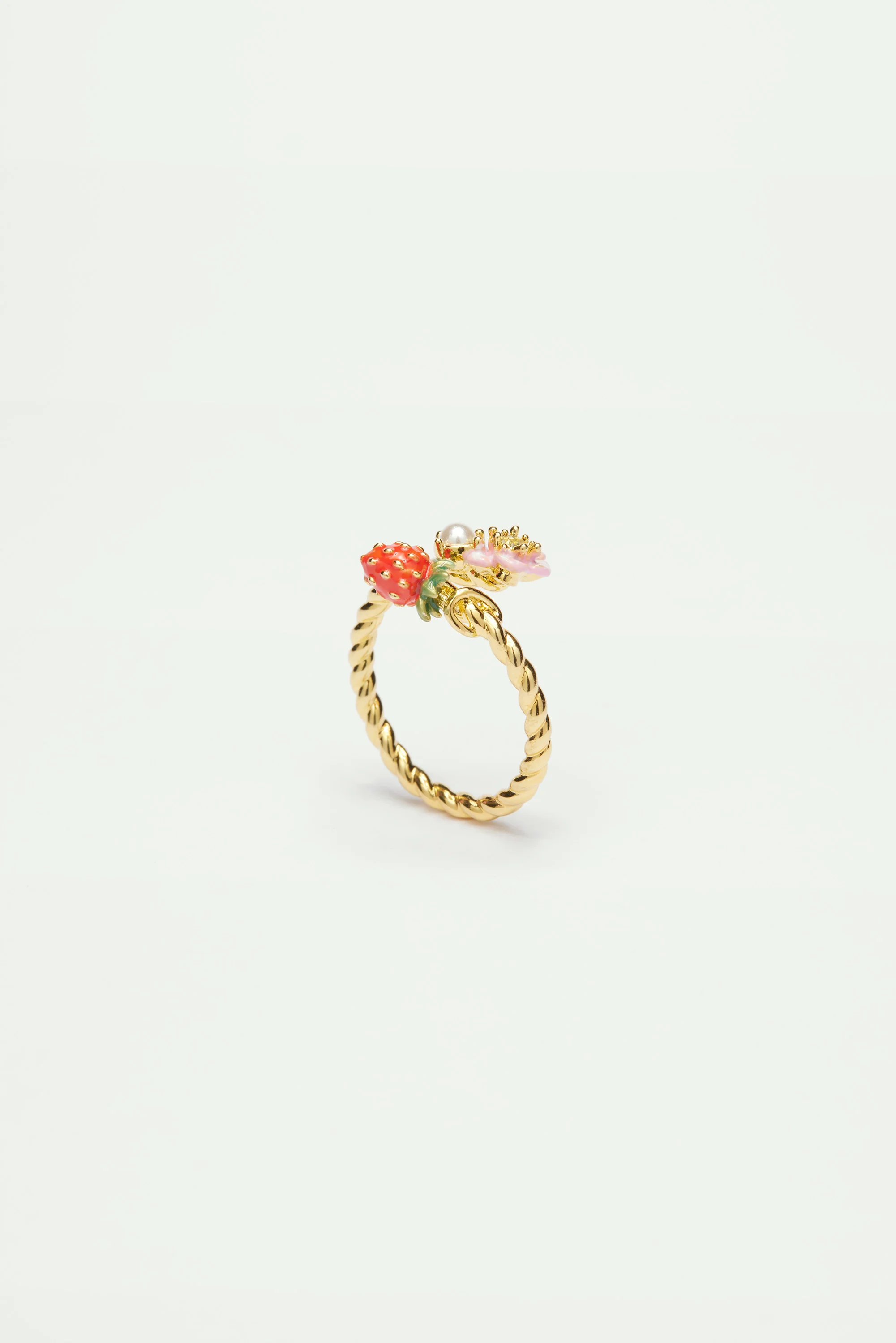 Bague ajustable fraise des bois et fleur rose