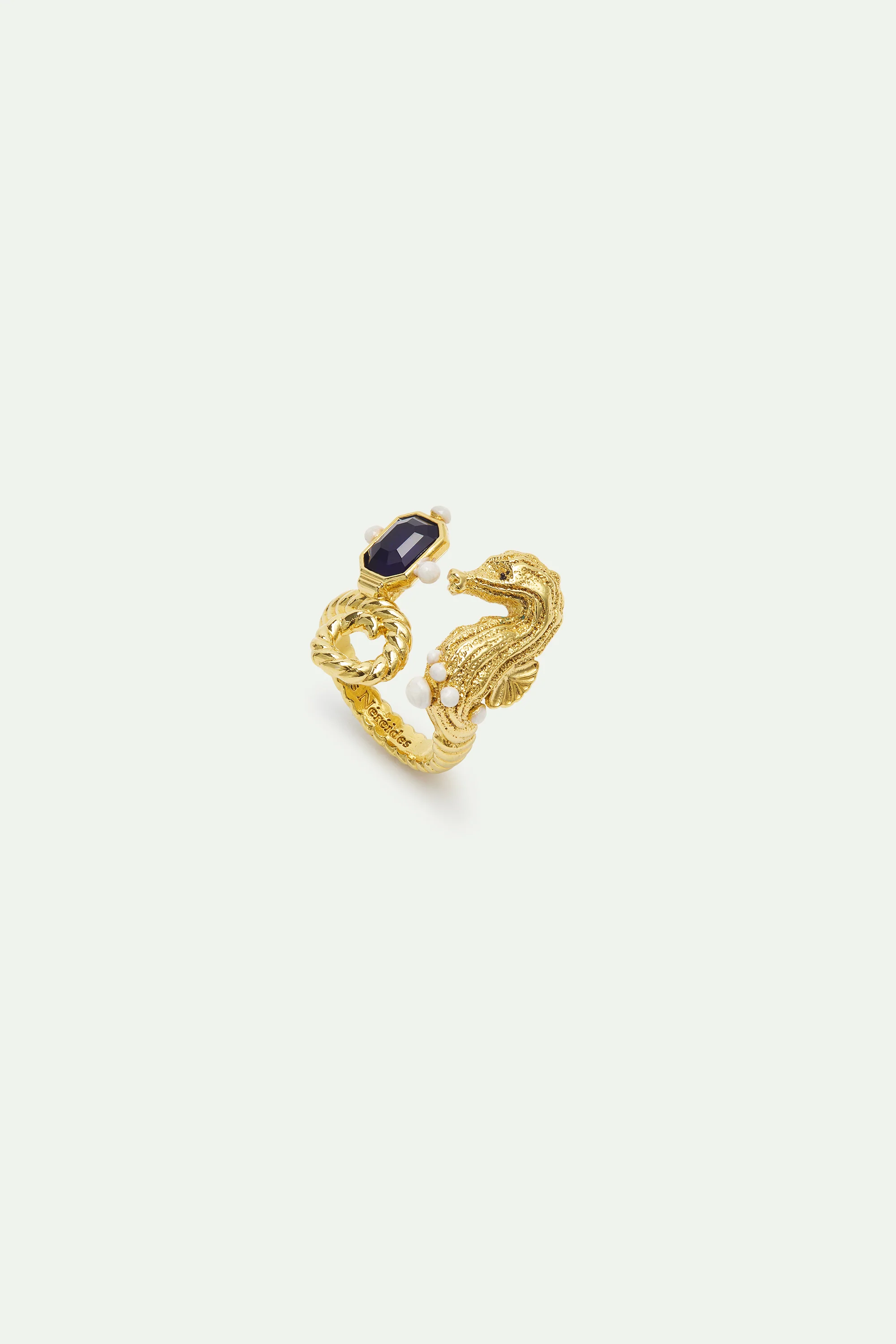 Bague ajustable hippocampe doré et pierre bleu marine