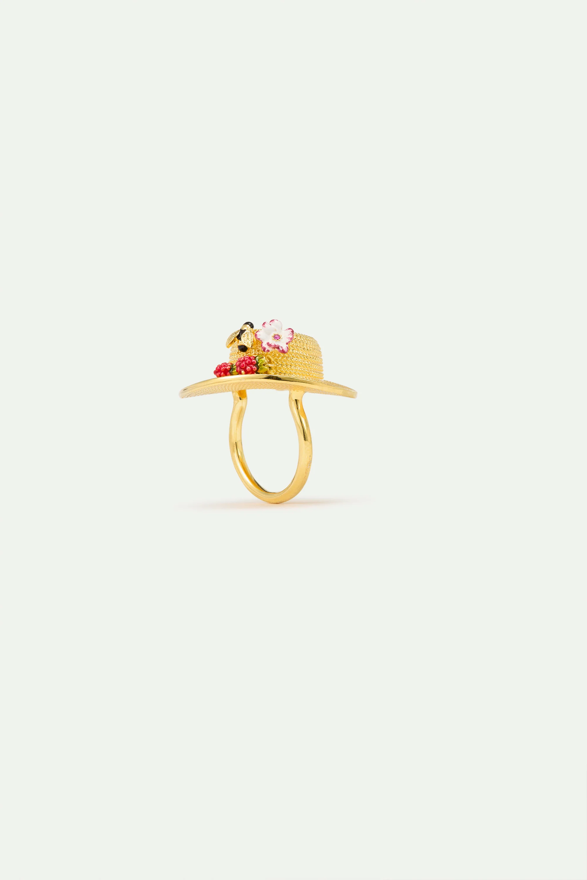 Bague chapeau doré, cosmos, abeille, framboise et cristal rose - Image 3