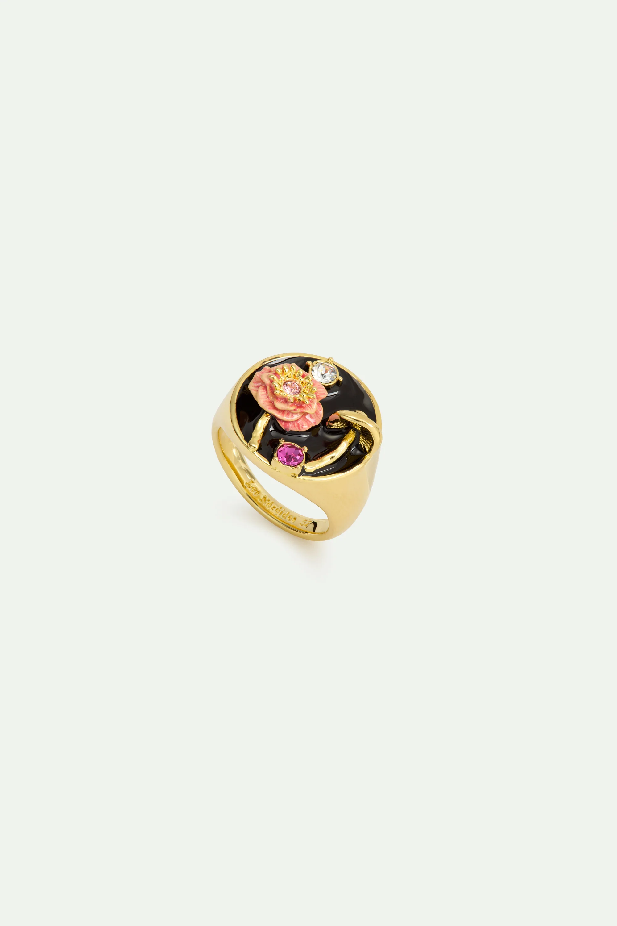 Bague chevalière noire champignon, anémone et cristaux
