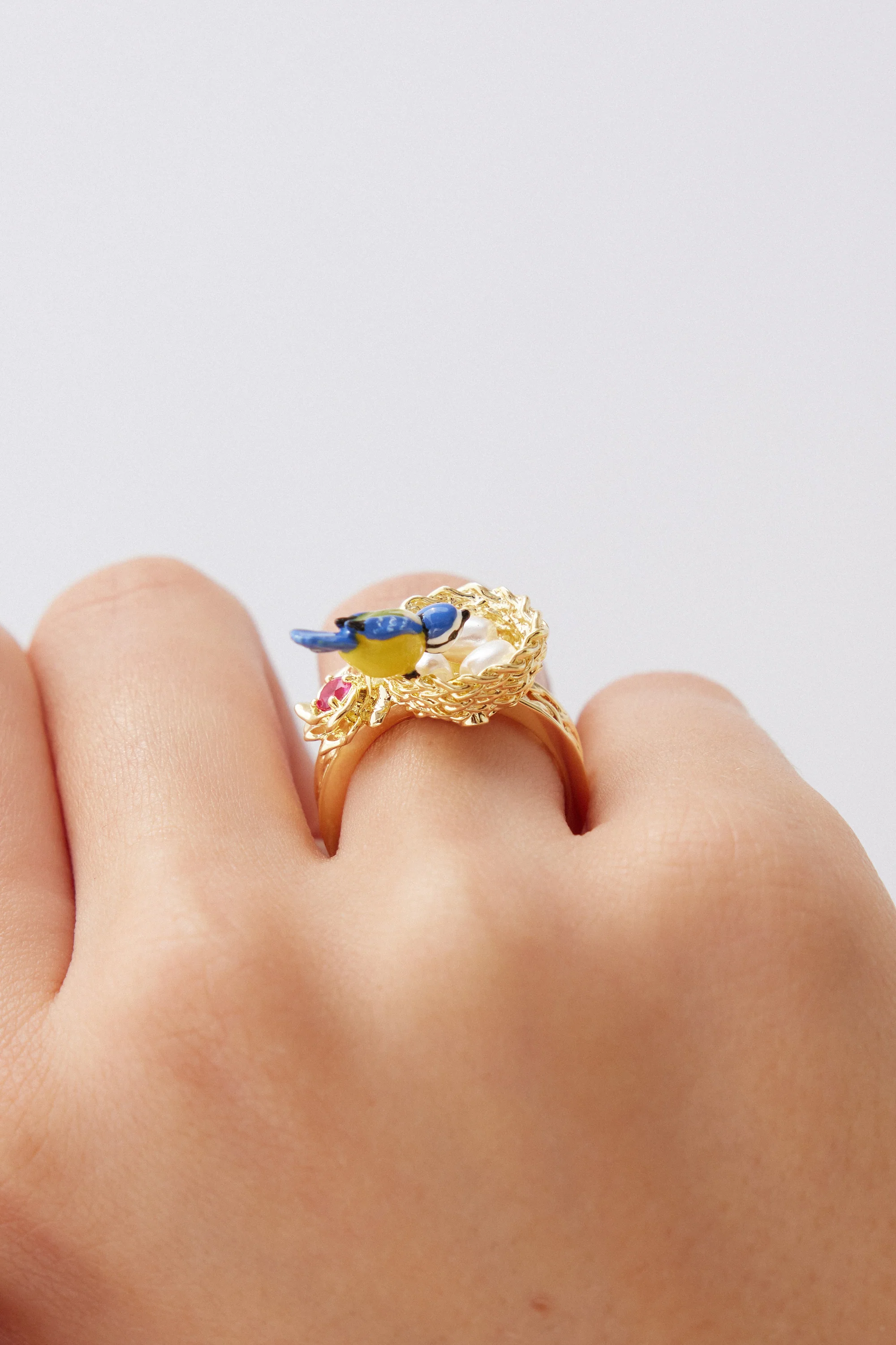 Bague nid doré, mésange et rose - Image 2