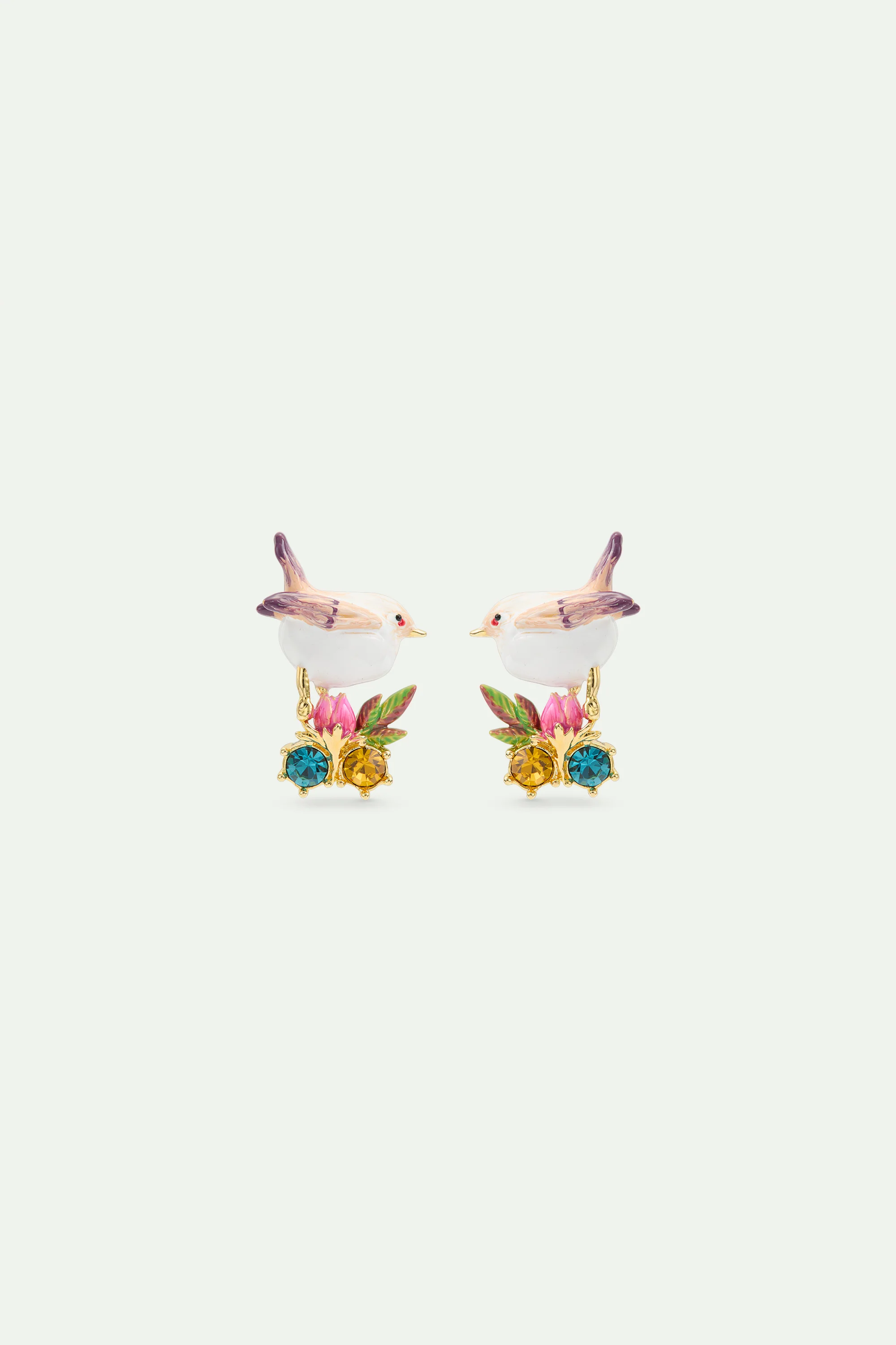 Boucles d’oreilles tiges plectrophane des neiges, bouton de rose et cristaux