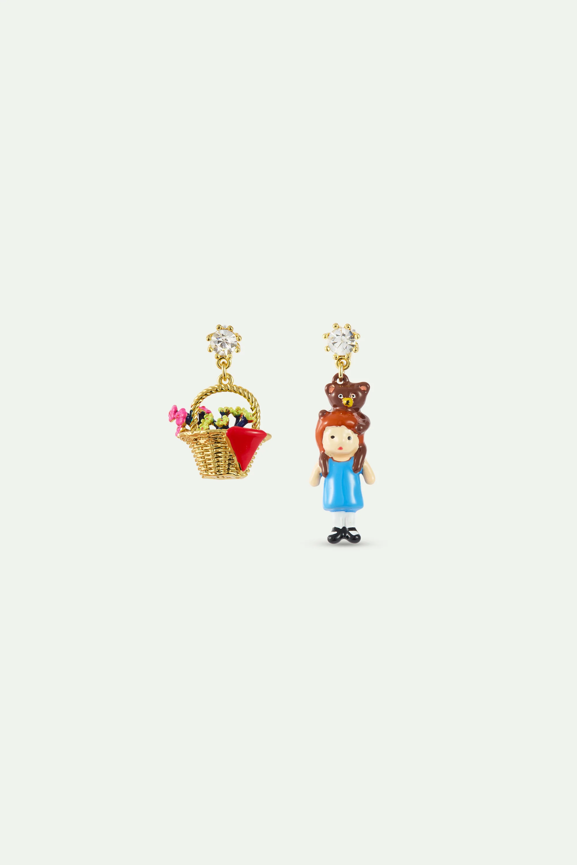 Boucles d'oreilles asymétriques panier de fleurs et Boucle d'Or, cristal facetté