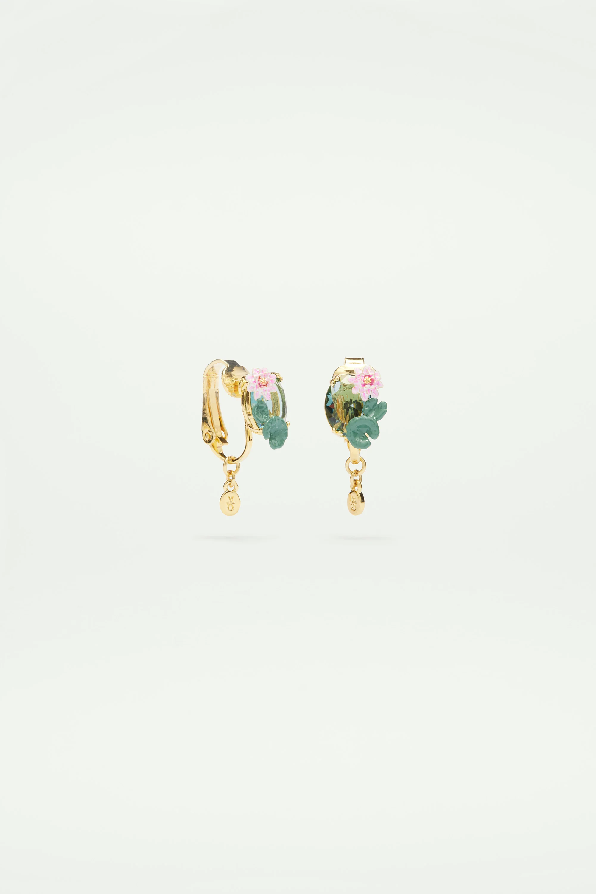 Boucles d'oreilles clips  fleur de lotus et pierre bleue - Image 2