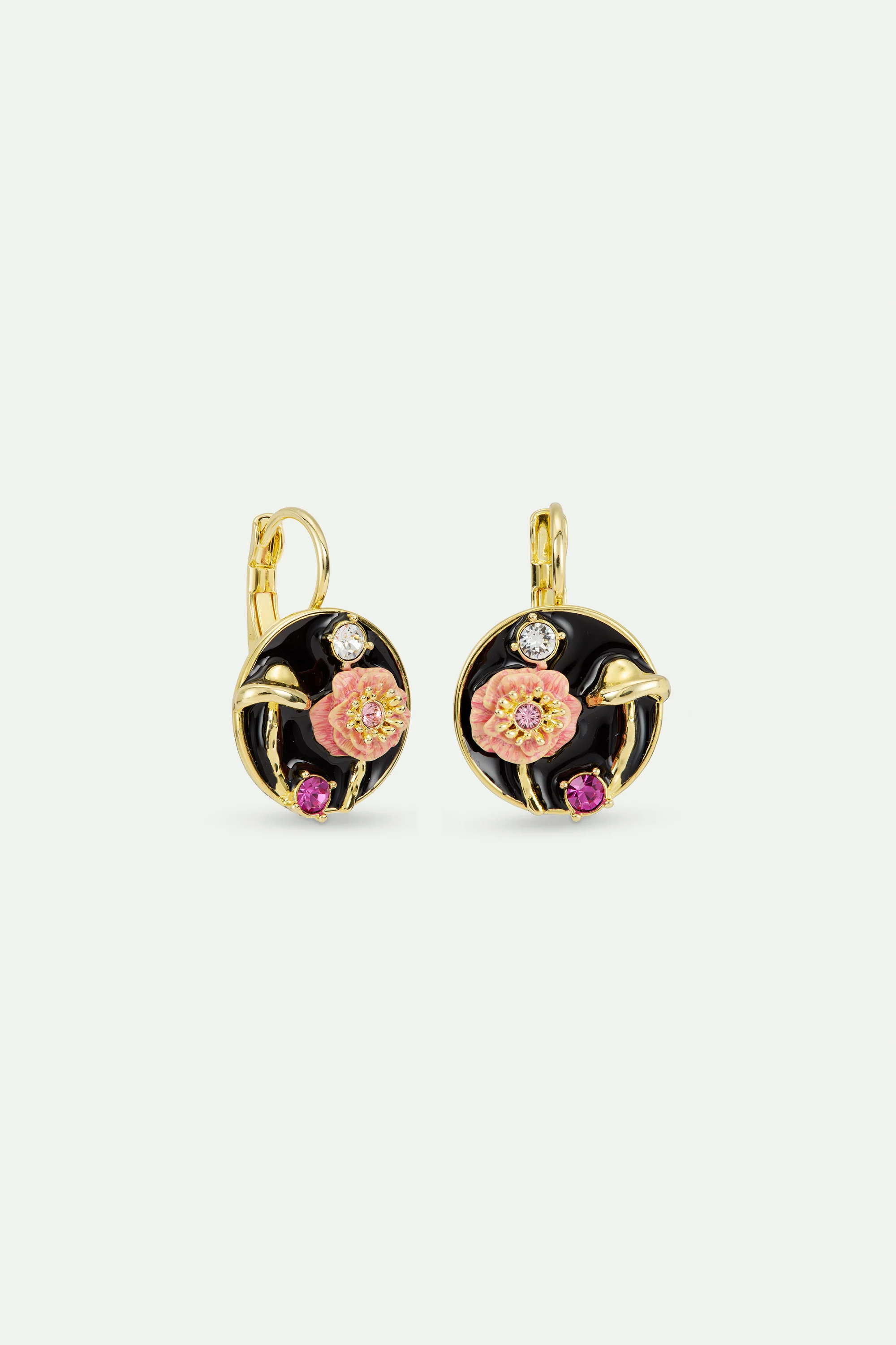 Boucles d'oreilles clips médaillon noir champignon, anémone et cristaux - Image 2