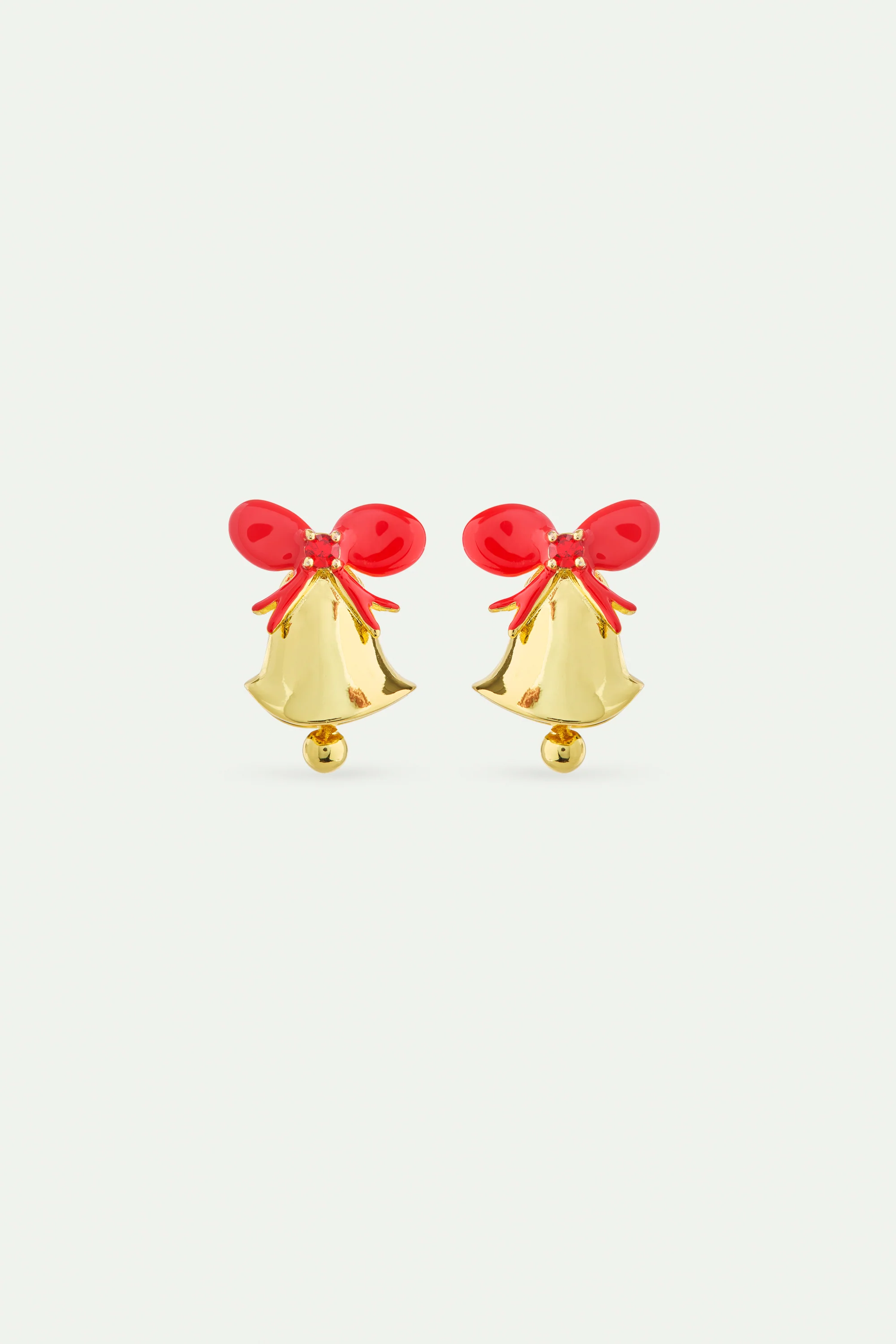Boucles d'oreilles cloche dorée, noeud rouge et pierre facettée rouge
