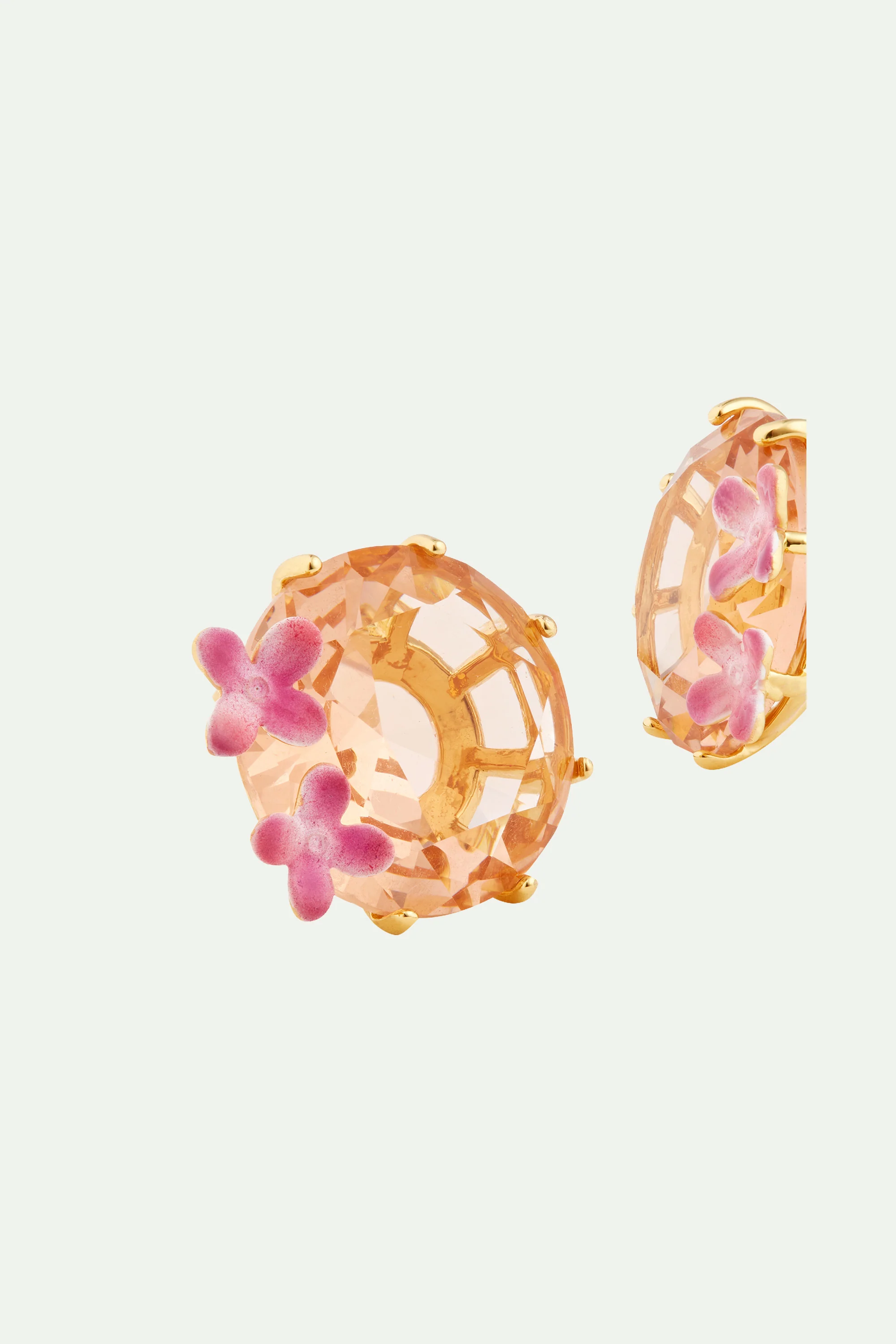 Boucles d'oreilles dormeuses fleurs et pierre ronde la diamantine rose abricot - Image 4