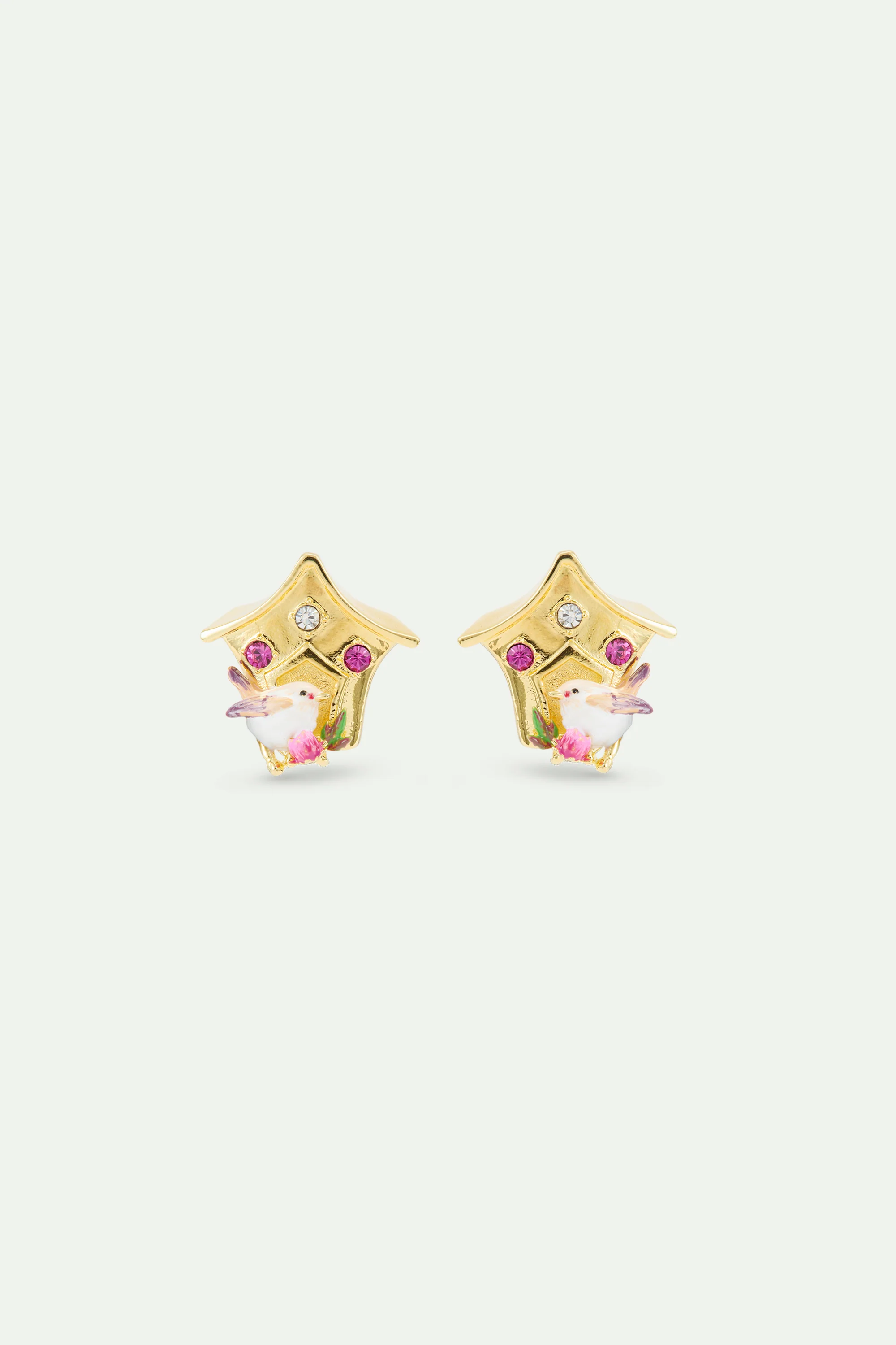 Boucles d'oreilles nichoir, plectrophane des neiges et cristaux roses