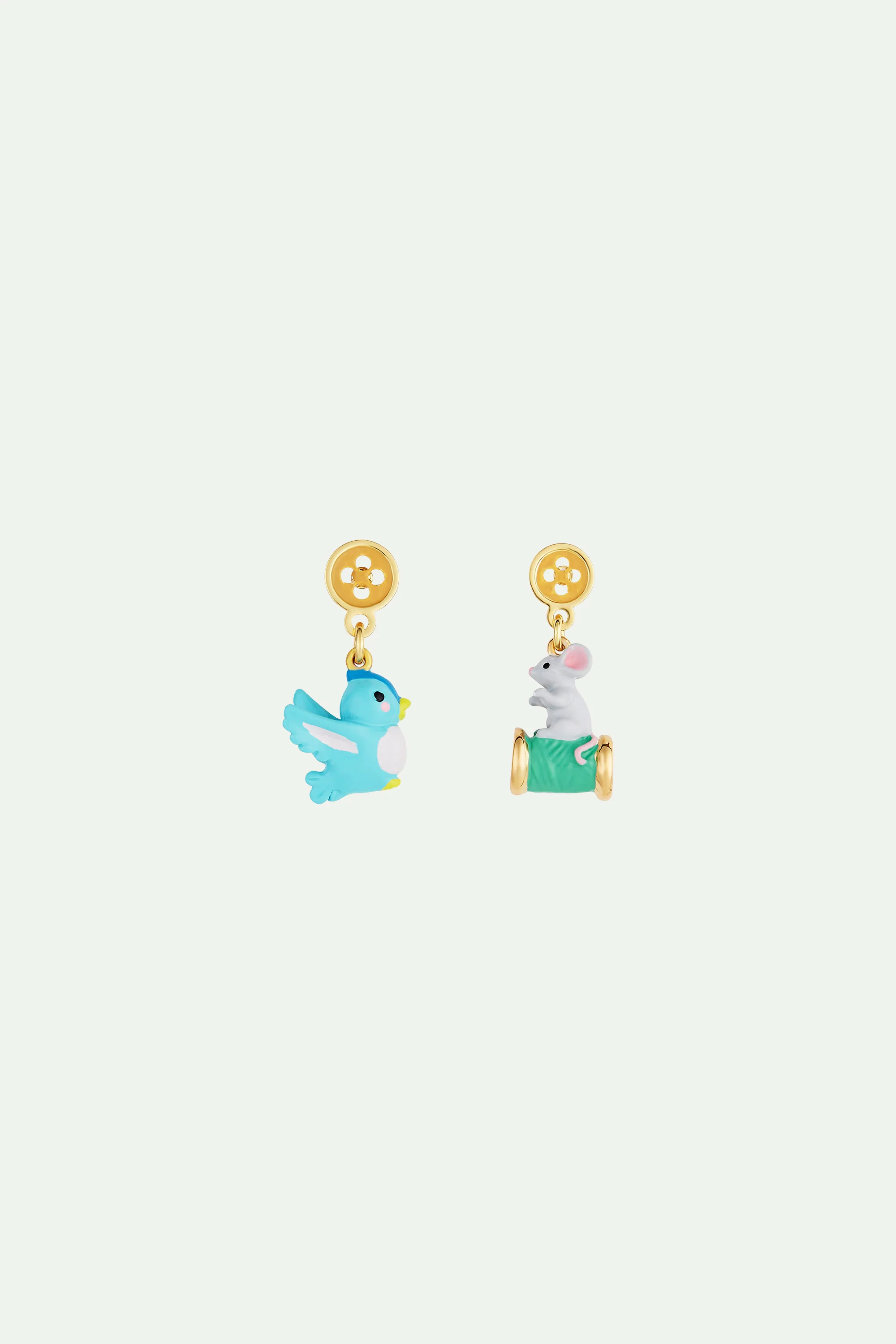 Boucles d'oreilles oiseau, souris, bouton et bobine de fil