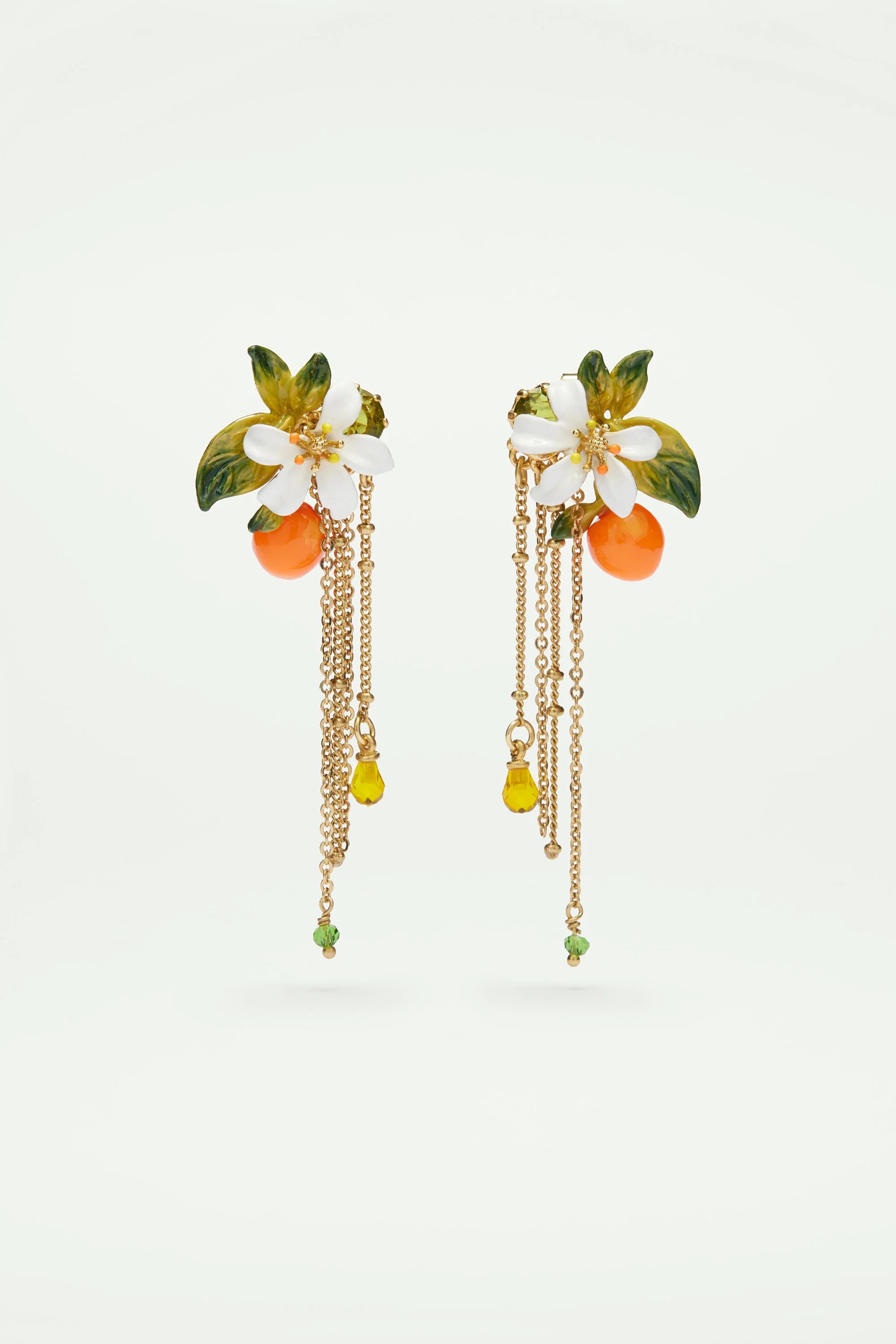 Boucles d'oreilles orange, fleur d'oranger et chaînes