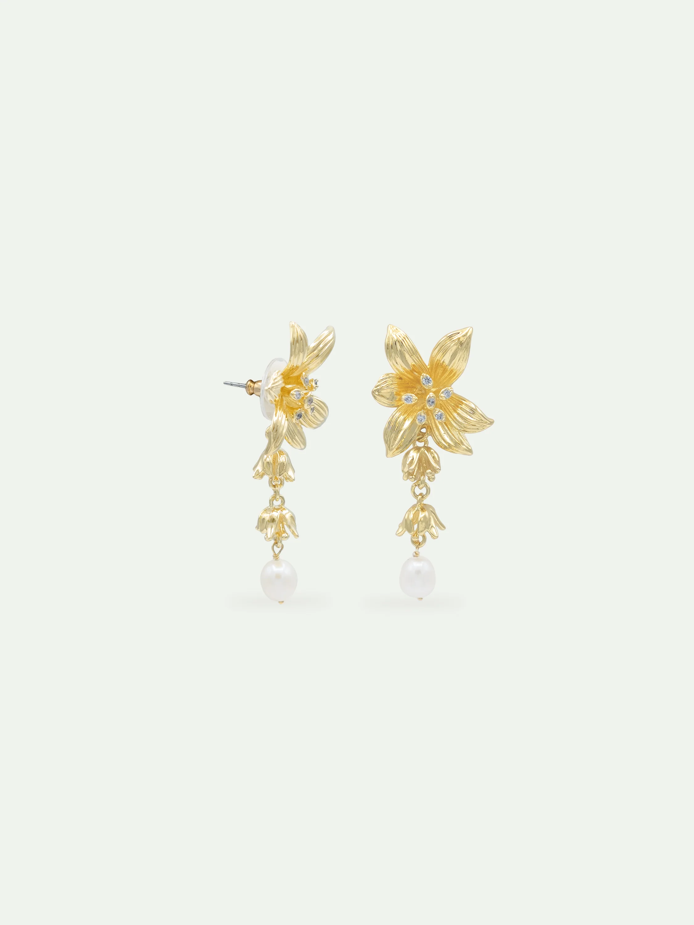 Boucles d'oreilles pendantes dorées fleur de lys et perle de culture - Image 3