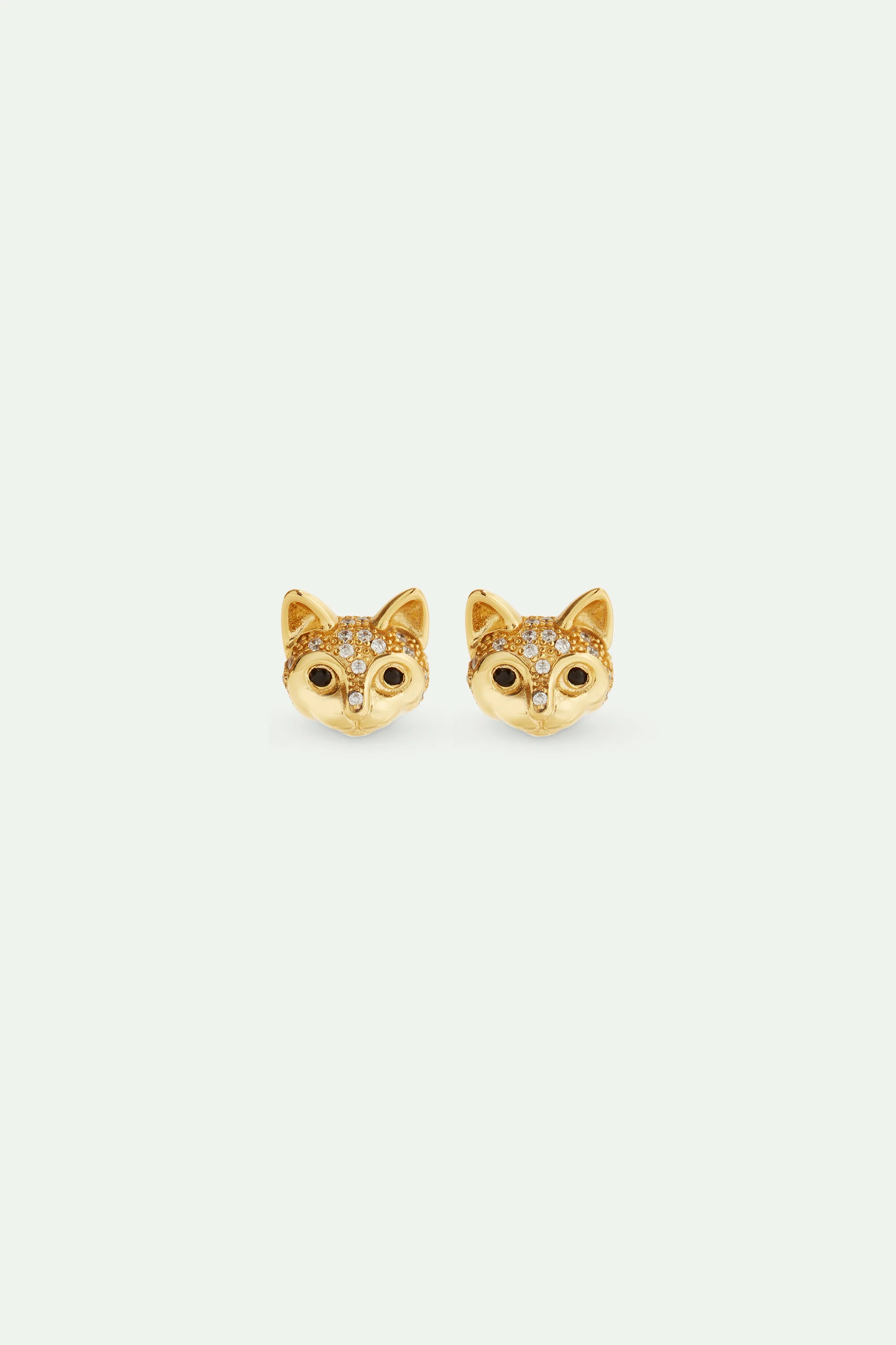 Boucles d'oreilles tiges dorées tête de chat et cristaux