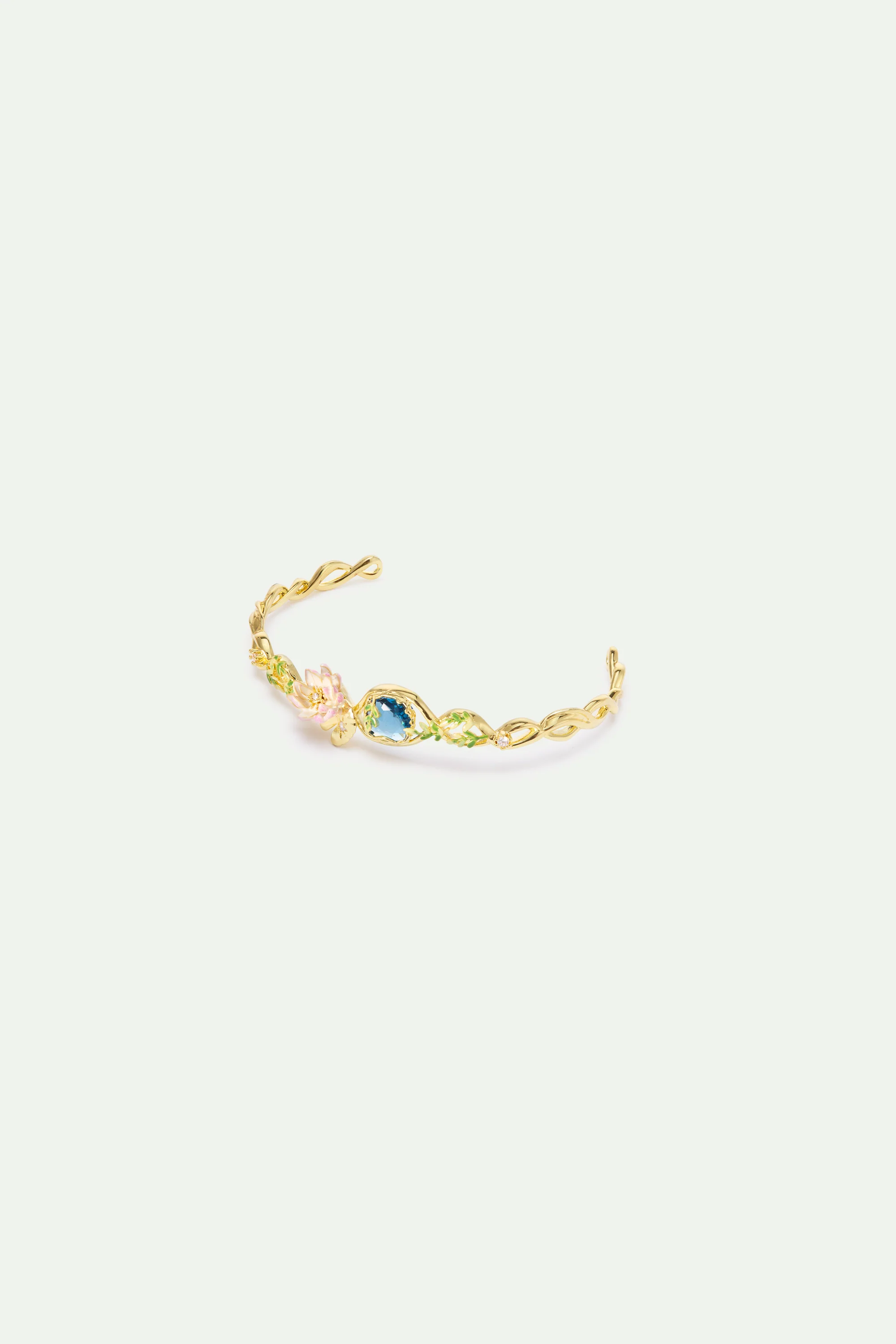 Bracelet jonc nymphéa rose et pierre ronde bleue