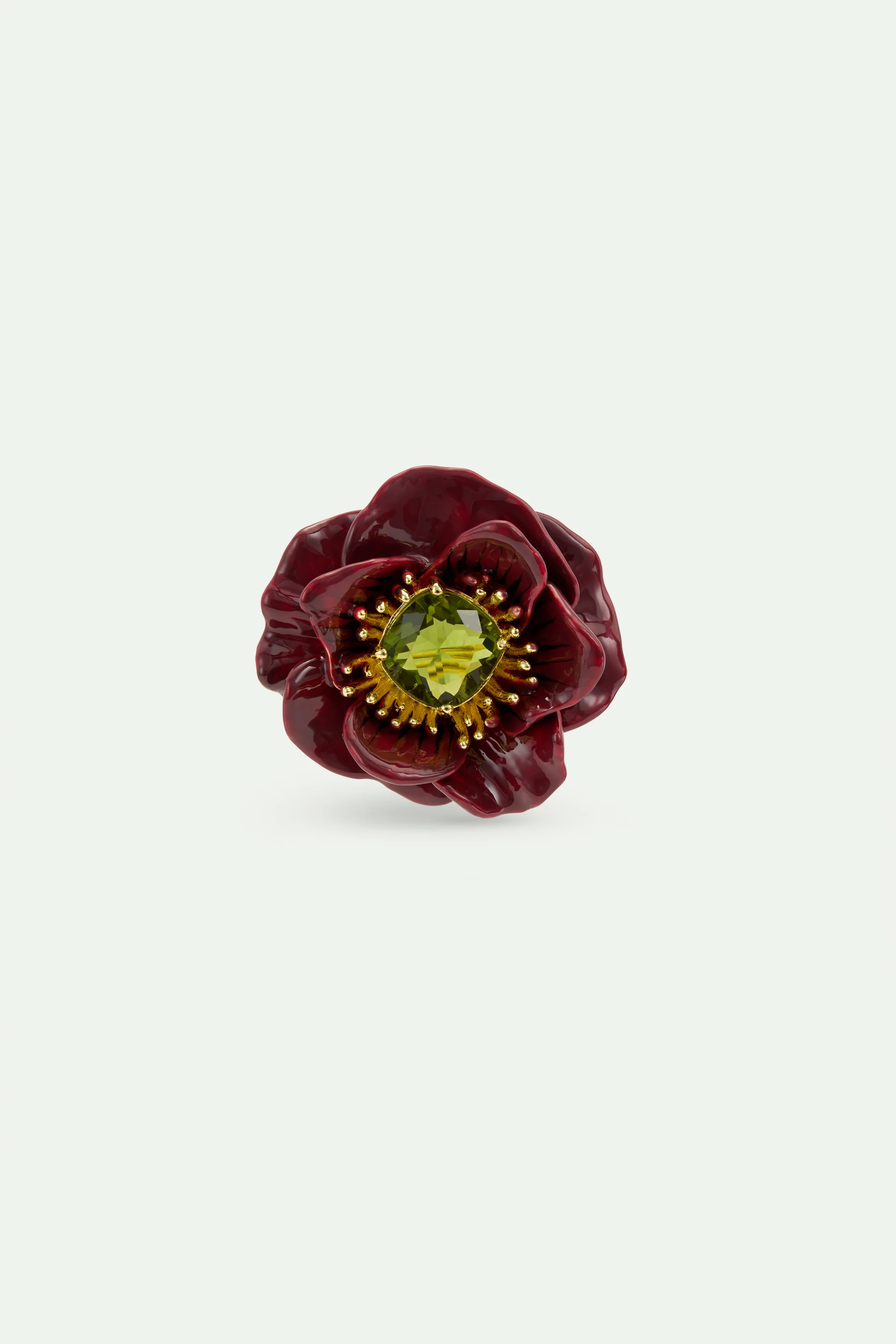 Broche fleur d'anémone bordeaux et pierre facettée verte