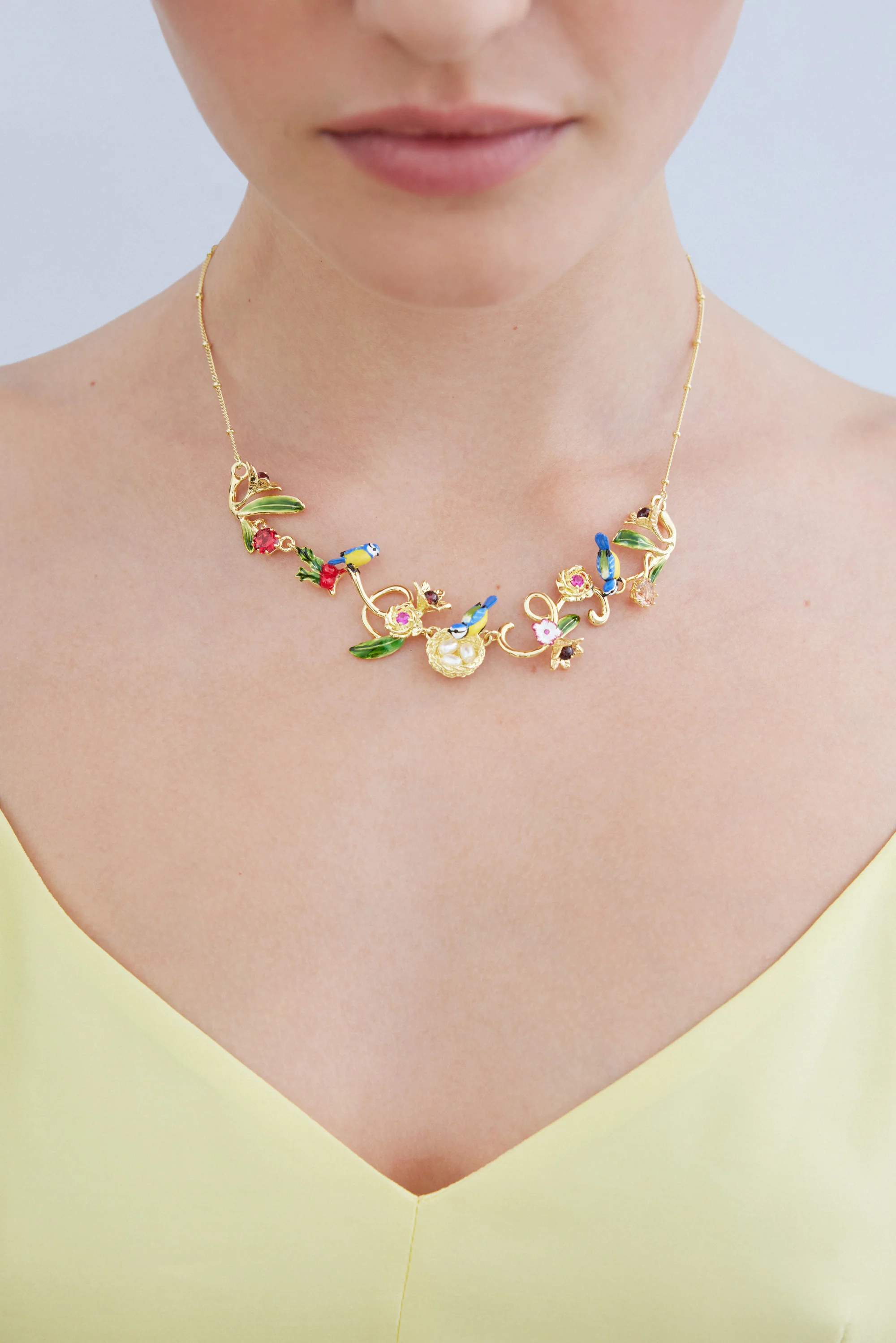 Collier nid doré, mésanges, perles et pierres roses - Image 2