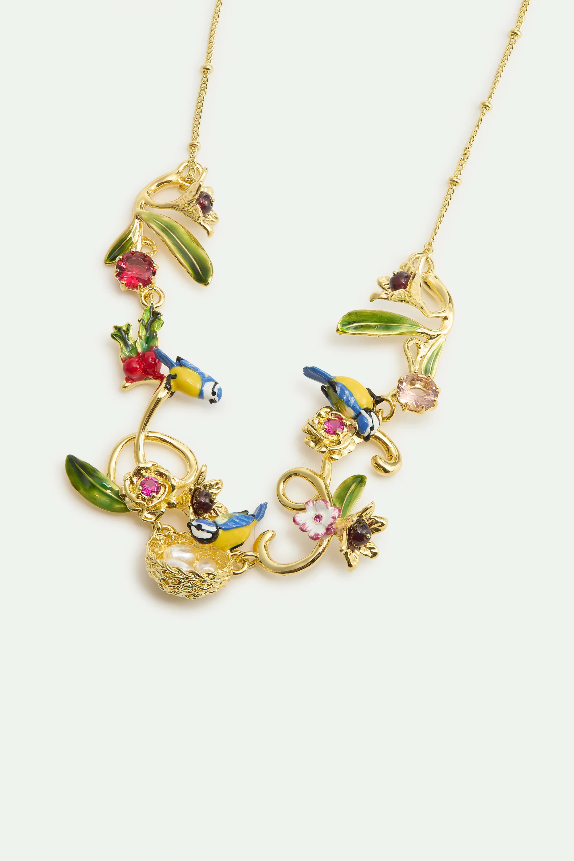 Collier nid doré, mésanges, perles et pierres roses - Image 3