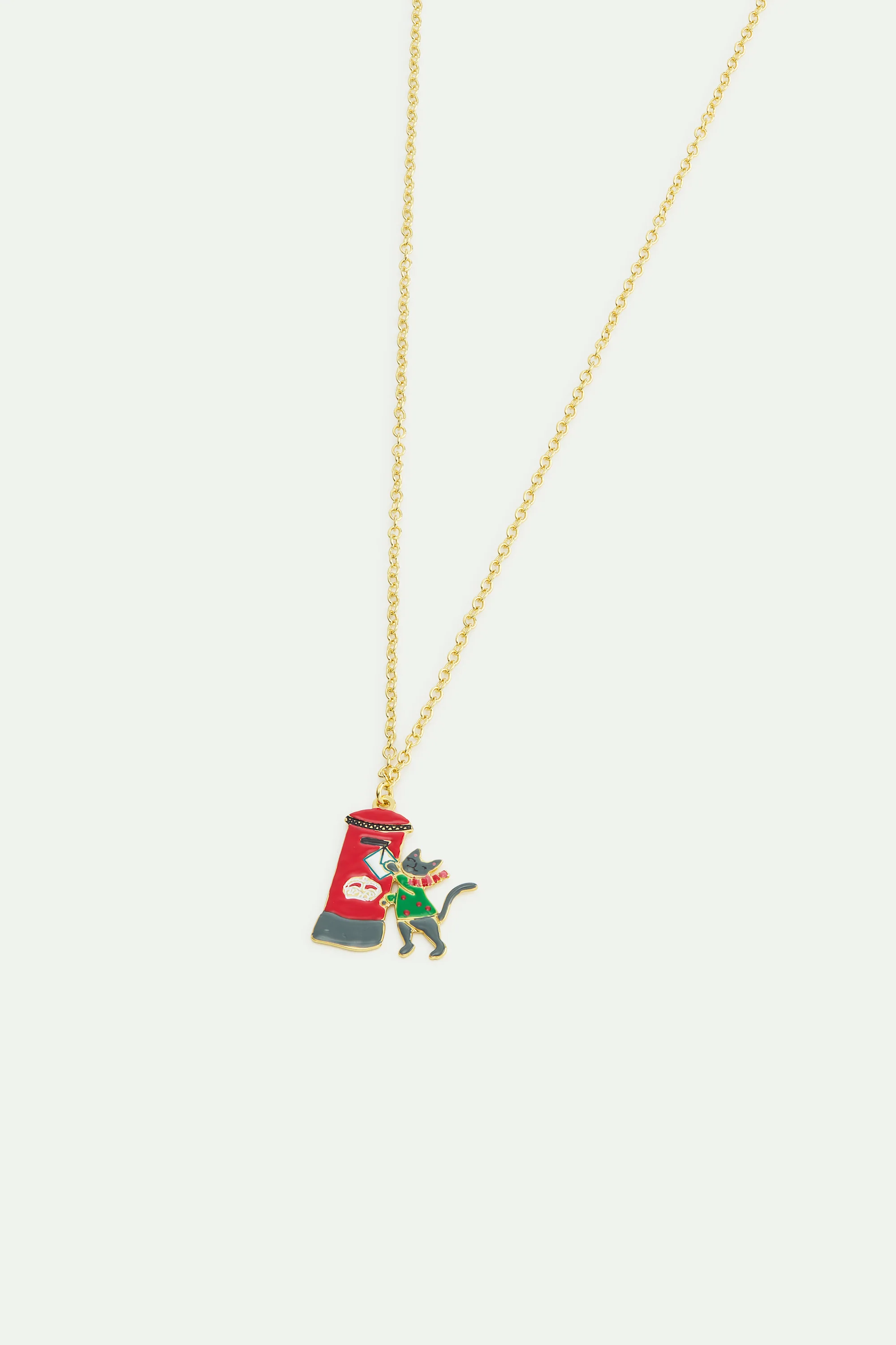 Collier pendentif boîte aux lettres rouge londonienne,courriel, chat gris et pull vert - Image 2