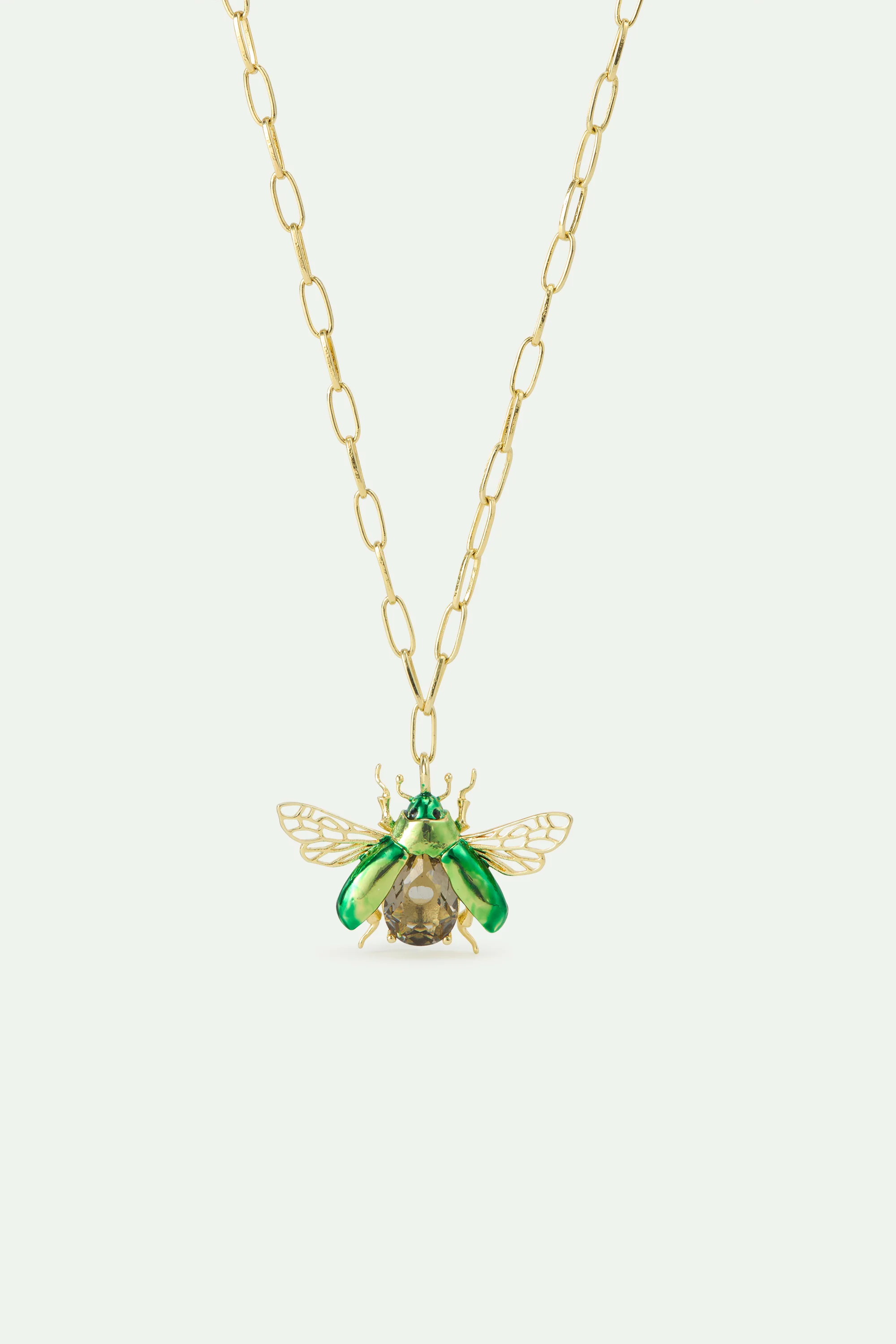 Collier pendentif cétoine verte volante et pierre facettée noire