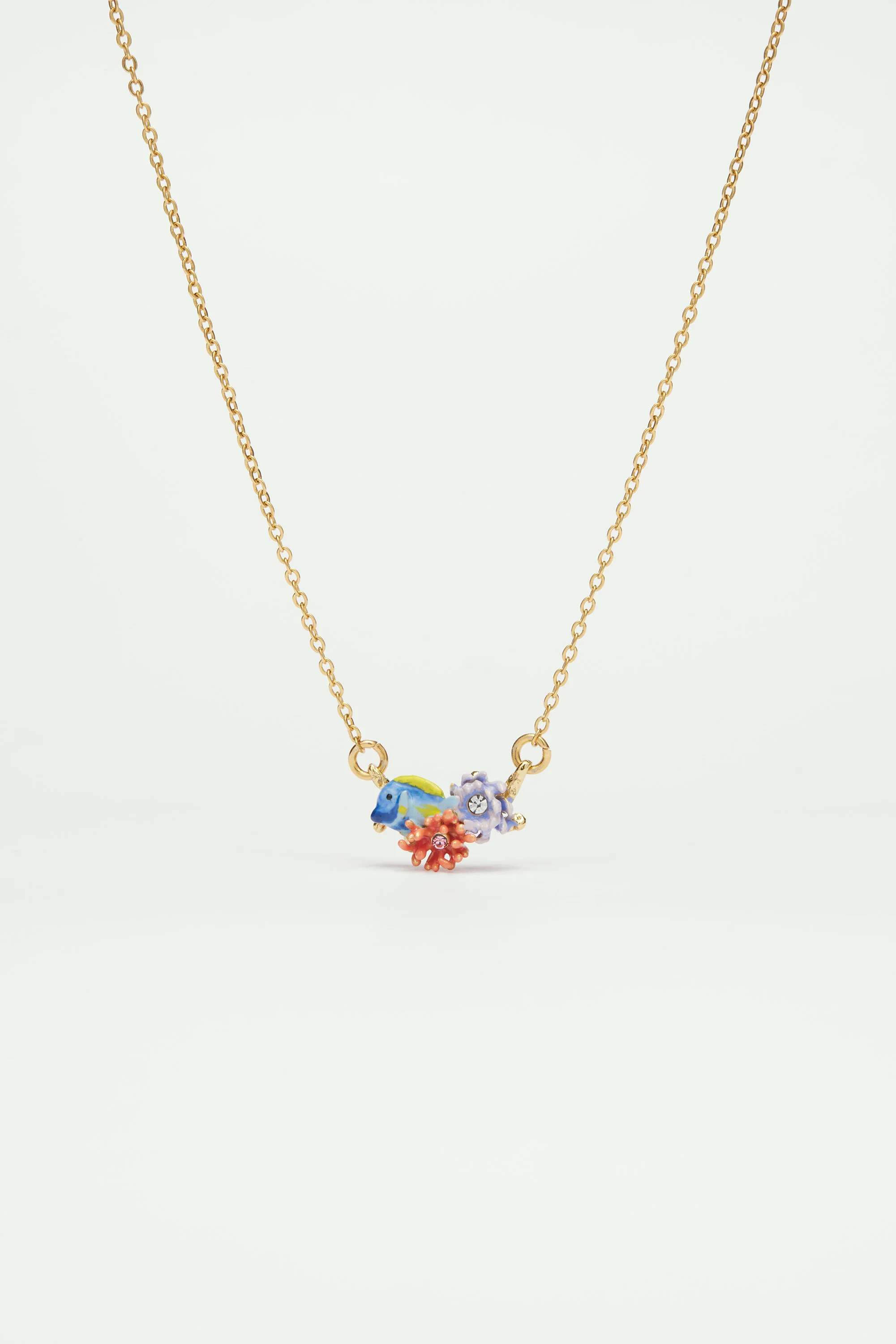Collier pendentif poisson bleu et anémone rose