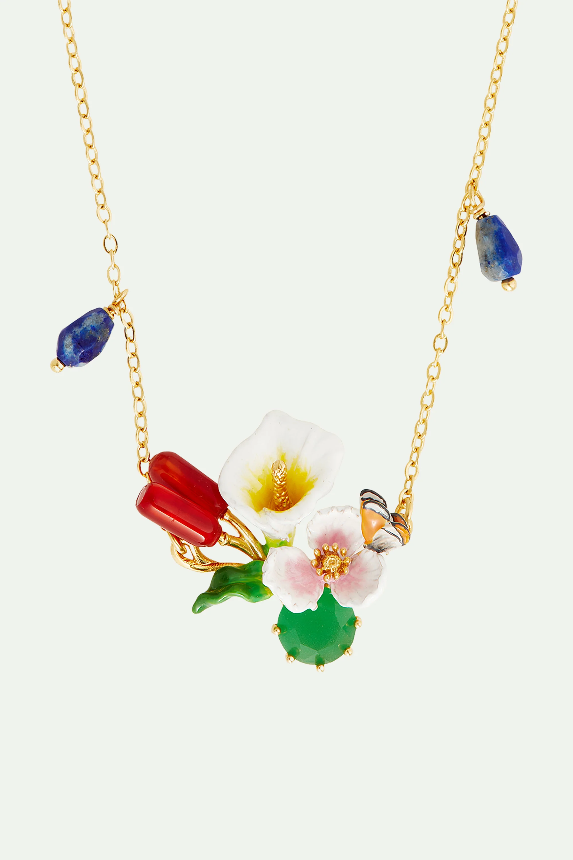 Collier plastron arum, roseaux et pierre verte